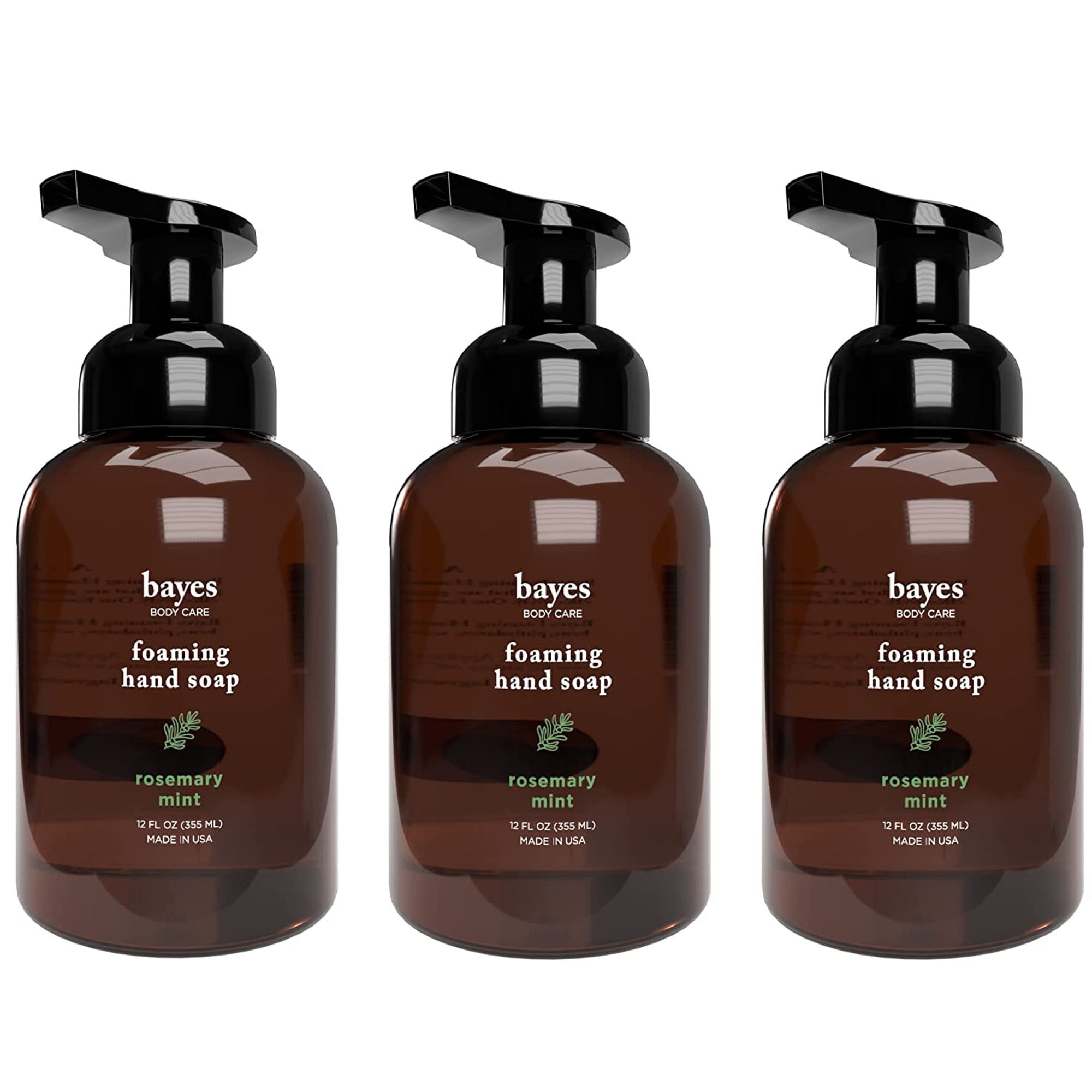 Bayes Foaming Hand Soap Moisturizing Plant-Derived Essential Oil Infused Hand Wash with Rosemary Mint Scent, 12 Oz 3 Pack