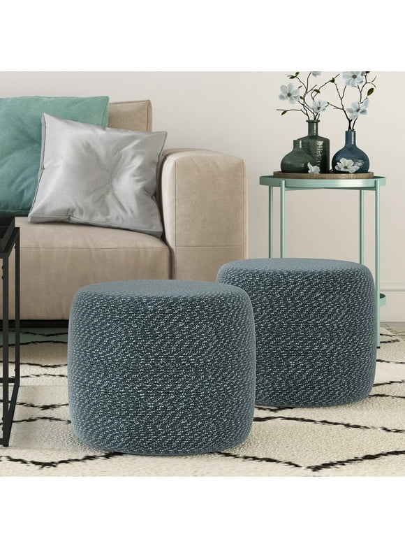 Bayley Round Braided Pouf in Aegean Blue and Natural Cotton