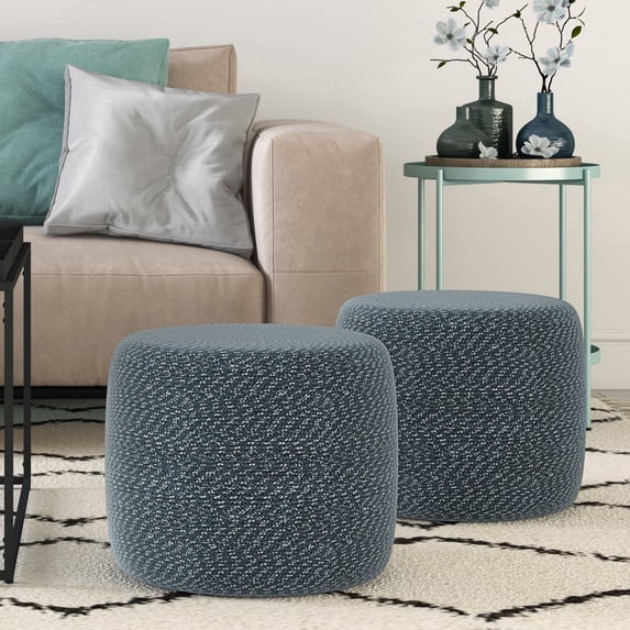 Simpli Home Bayley 20 inch Wide Round Pouf in Aegean Blue and Natural Braided Cotton