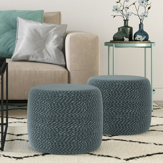 Bayley Round Braided Pouf in Aegean Blue and Natural Cotton