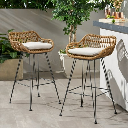 Baylor Outdoor Wicker Barstools with Cushions, Set of 2, Light Brown and Beige