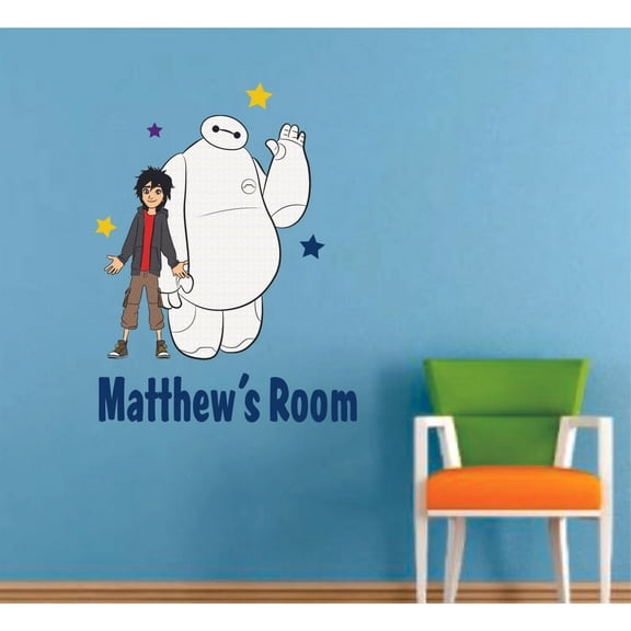 Baymax Big Hero 6 Hiro Hamada Cartoon Customized Wall Decal - Custom Vinyl Wall Art - Personalized Name - Baby Girls Boys Kids Bedroom Wall Decal Room Decor Wall Stickers Decoration Size (30x27 inch)