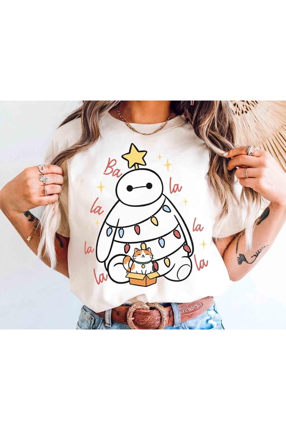 Baymax and Mochi Cat Christmas Tree Ba La La La Shirt, Disney Big Hero Holiday Light Tee, Disneyland Mickey’s Very Merry Christmas Party Tee