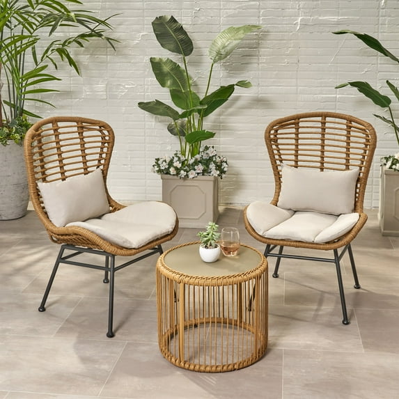 Bayne Outdoor Modern Boho 2 Seater Wicker Chat Set with Side Table, Light Brown, Beige and Black