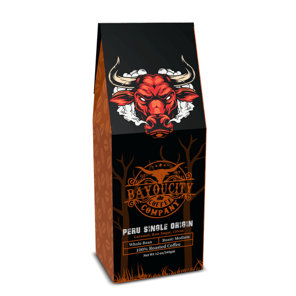 Bayou City Coffee Peru Single Origin Organic & Fair Trade Medium Roast Whole Bean 12 oz