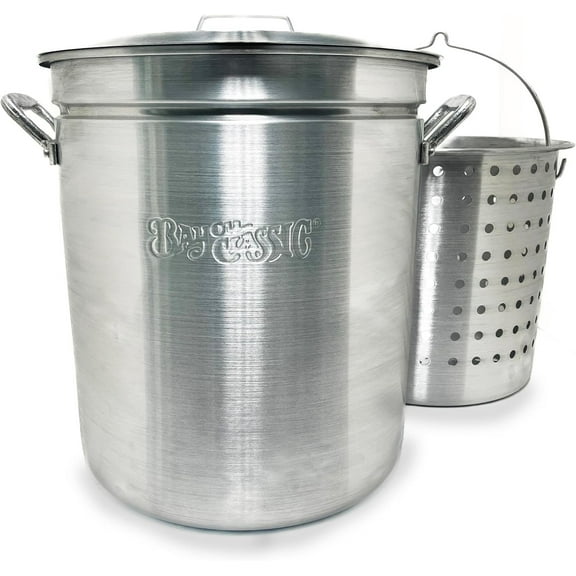 Bayou Classic 4060 60-qt Aluminum Stockpot w/Basket Features Domed Vented Lid Heavy Riveted Handles Perforated Aluminum Basket Perfect For Boiling Steaming and Canning