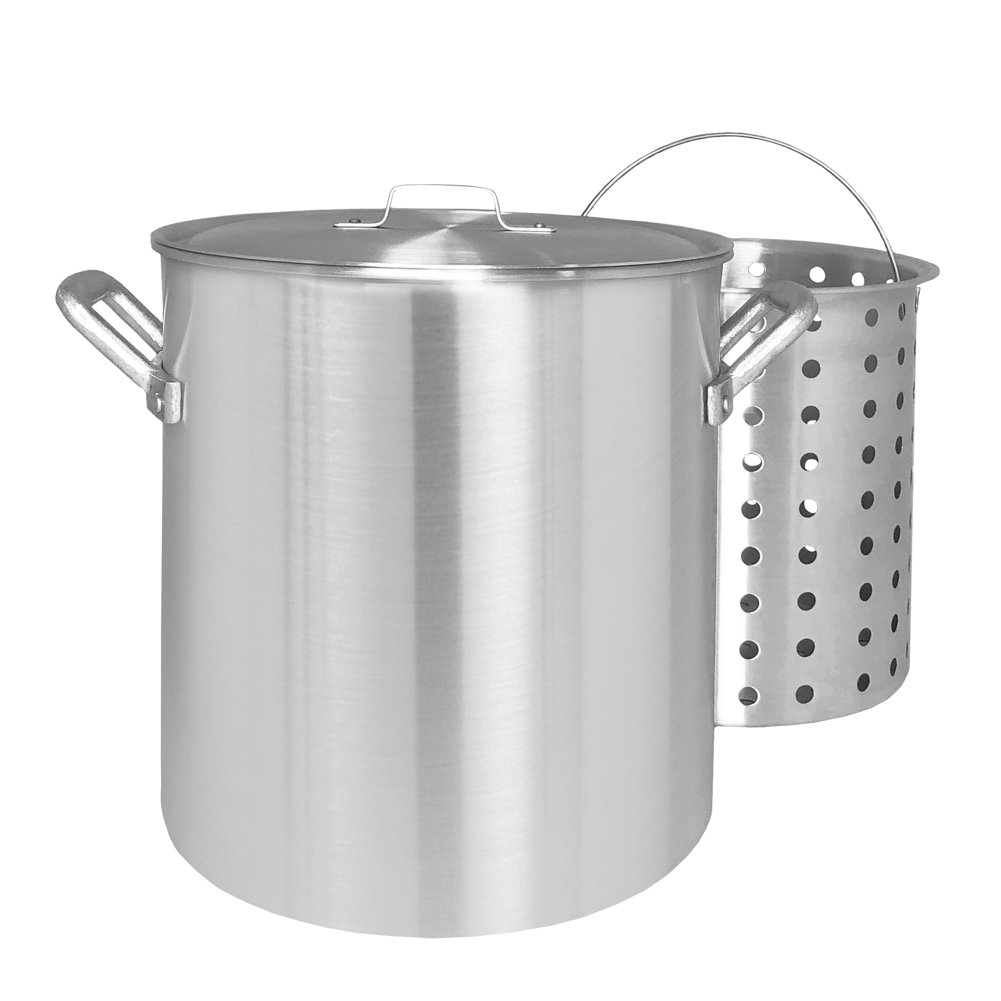 Bayou Classic 25-Quart Shrimp Boil Stockpot with Perforated Basket, Domed Vented Lid, Heavy Riveted Handles