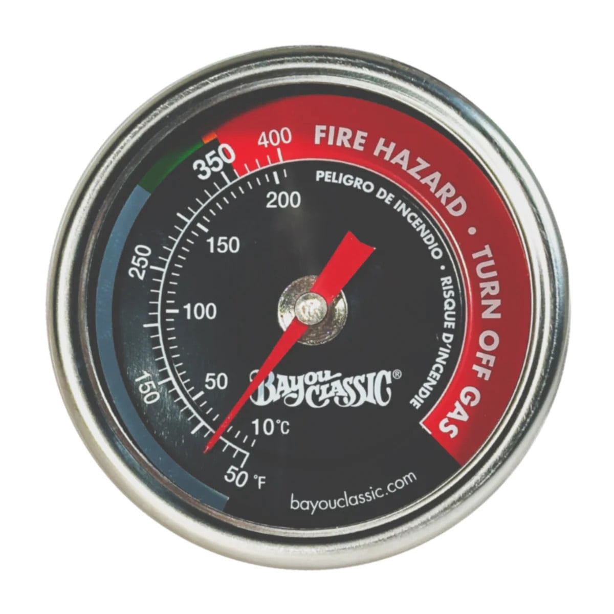 Bayou Classic 5070 Bayou Fryer Thermometer Stainless Steel Design Tempered Glass Dial Face w/ 50˚- 400˚F Range Fits Bayou 2.5-gal 4-gal and 9-gal Fryers