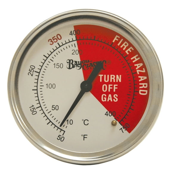 Bayou Classic 5070 Bayou Fryer Thermometer Stainless Steel Design Tempered Glass Dial Face w/ 50- 400F Range Fits Bayou 2.5-gal 4-gal and 9-gal Fryers