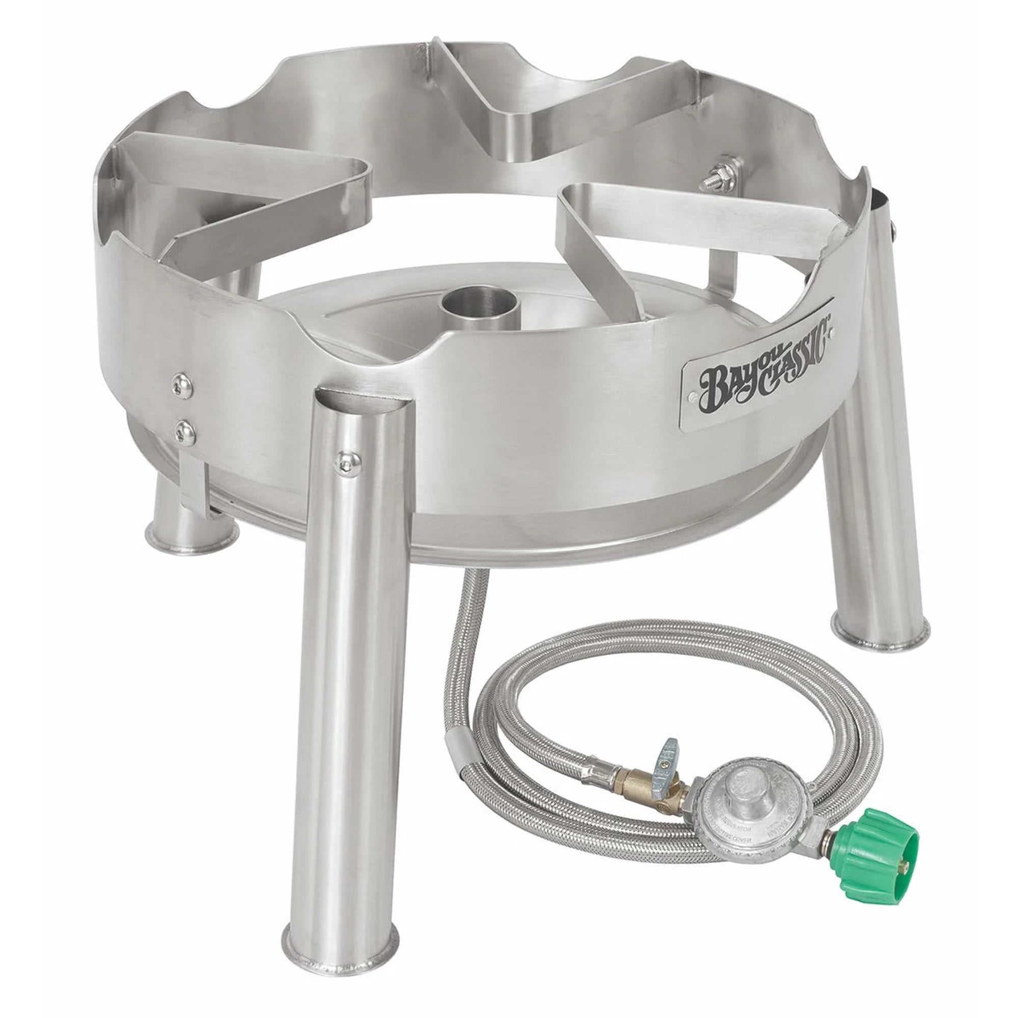 Bayou Classic SS1 16-in Stainless Single Jet Cooker Features 12.5-in Tall Welded Frame 10-psi Pre-Set Regulator w/ 60-in Stainless Braided Hose