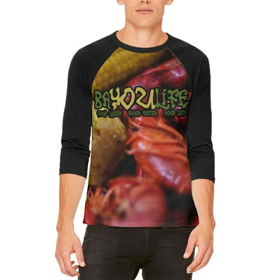 Bayou Life Crawfish Boil Cajun Louisiana Mens Raglan T Shirt White-Black X-LG
