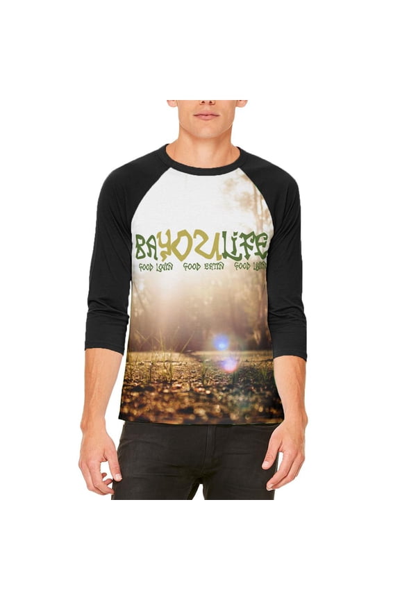 Bayou Life Swamp Sunrise Cajun Louisiana Mens Raglan T Shirt White-Black SM