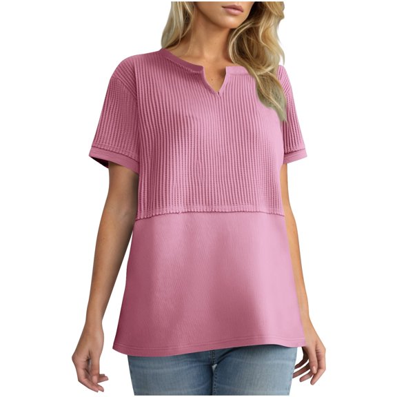 Babysbule Women Casual V Neck Waffle Knit Top Short Sleeve T-Shirt Loose Blouse Comfortable Lightweight Fashion