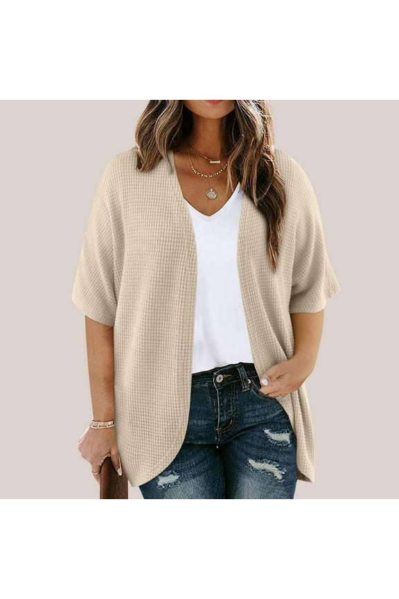 Baysbule Women Solid Color Plus Size Casual Summer Short Sleeve Open Front Cardigan Lightweight Comfortable