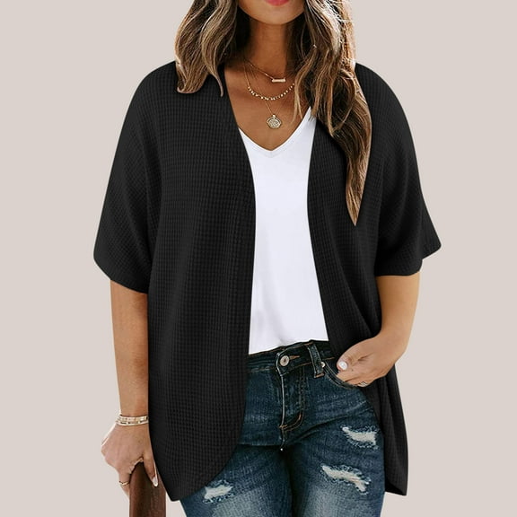 Baysbule Women Solid Color Plus Size Casual Summer Short Sleeve Open Front Cardigan Lightweight Comfortable