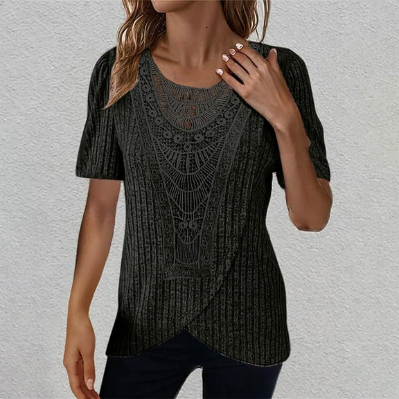 Babysbule Women's Casual Lace Stitching Short-Sleeve Round Neck Pullover Blouse, Lightweight Fashion Top for Home or Work