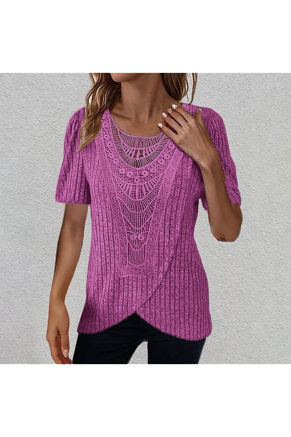 Women's Casual Lace Stitching Short-Sleeve Round Neck Pullover Blouse, Lightweight Fashion Top for Home or Work