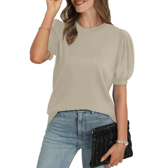 Babysbule Women's Casual Loose Round Neck Lantern Sleeve Blouse, Stylish Polyester Top for Daily Wear, Party, Work