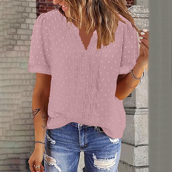 Babysbule Women's Lace V-Neck Short Sleeve Blouse, Stylish Shirt with Double Layer Fabric, Elastic Comfort Fit for Daily Wear or Party