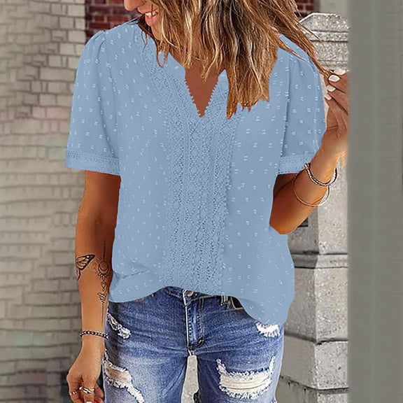Babysbule Women's Lace V-Neck Short Sleeve Blouse, Stylish Shirt with Double Layer Fabric, Elastic Comfort Fit for Daily Wear or Party