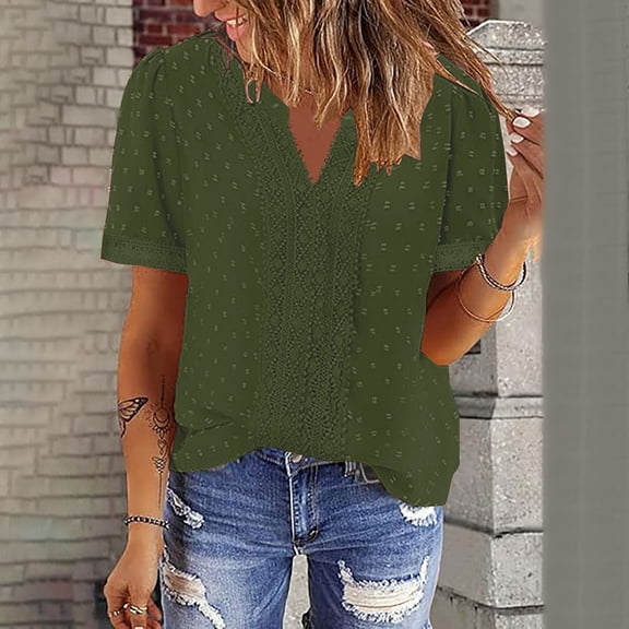 Babysbule Women's Lace V-Neck Short Sleeve Blouse, Stylish Shirt with Double Layer Fabric, Elastic Comfort Fit for Daily Wear or Party