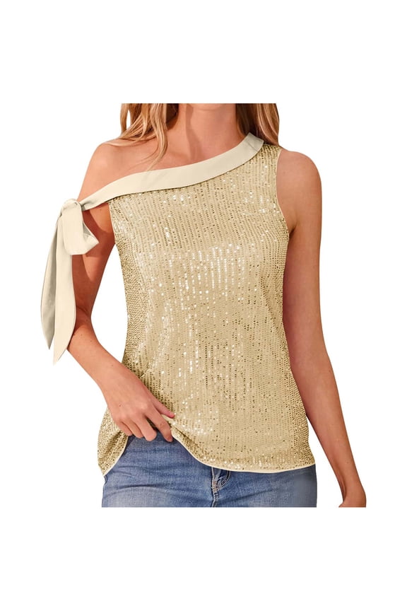 Women's Sequin Camisole Party Strap Sloping Shoulder Shirt, Soft Skin-Friendly Breathable Fabric, Casual Vacation Club Wear