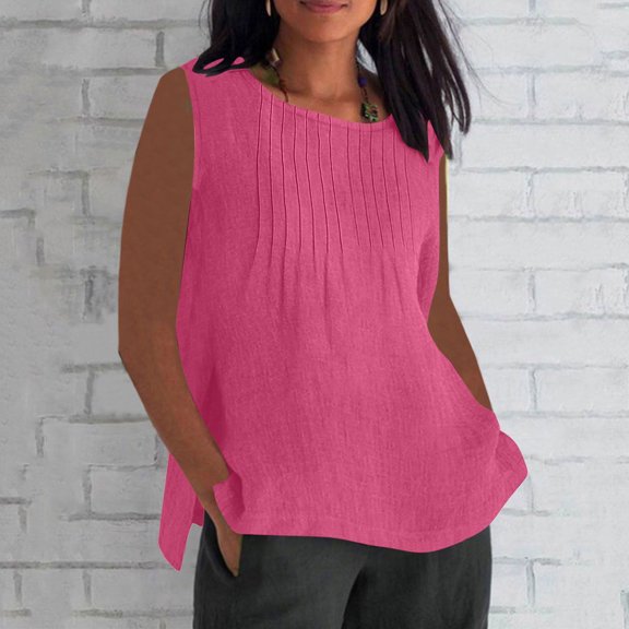 Babysbule Women's Summer Pleated Sleeveless Round Neck Blouse Plus Size Soft Loose Fit Casual Shirt