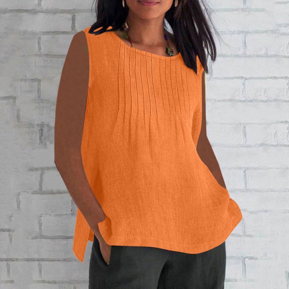 Babysbule Women's Summer Pleated Sleeveless Round Neck Blouse Plus Size Soft Loose Fit Casual Shirt