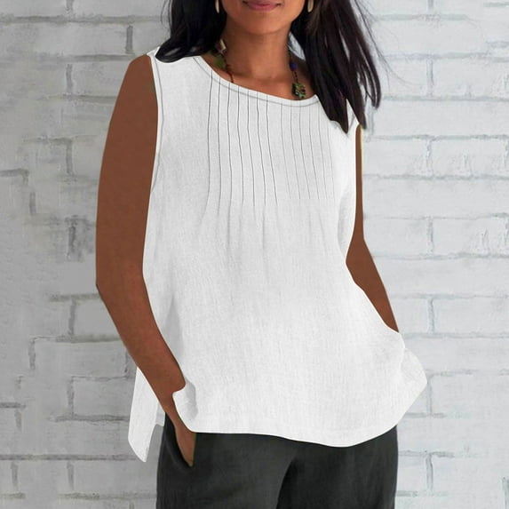 Babysbule Women's Summer Pleated Sleeveless Round Neck Blouse, Soft Imitation Cotton Linen Loose Shirt for Outings, Travel, and Parties