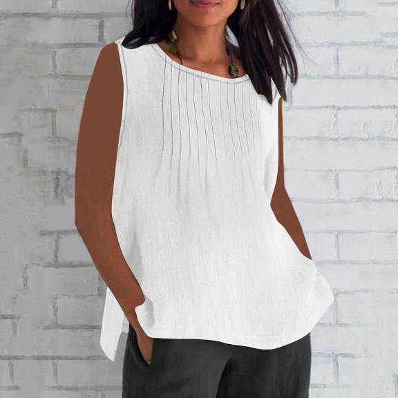 Babysbule Women's Summer Pleated Sleeveless Round Neck Blouse, Soft Imitation Cotton Linen Loose Shirt for Outings, Travel, and Parties