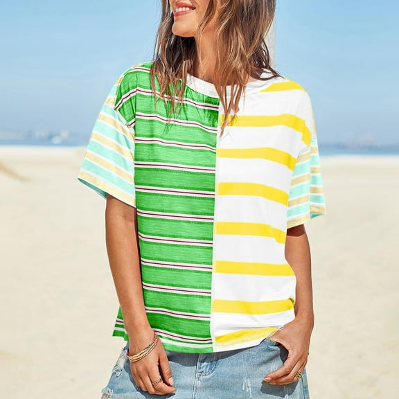 Baysbule Women's Summer Striped Shirt Casual Color Blocked Short Sleeve Top Loose Round Neck T-Shirt Lightweight Fashion Blouse