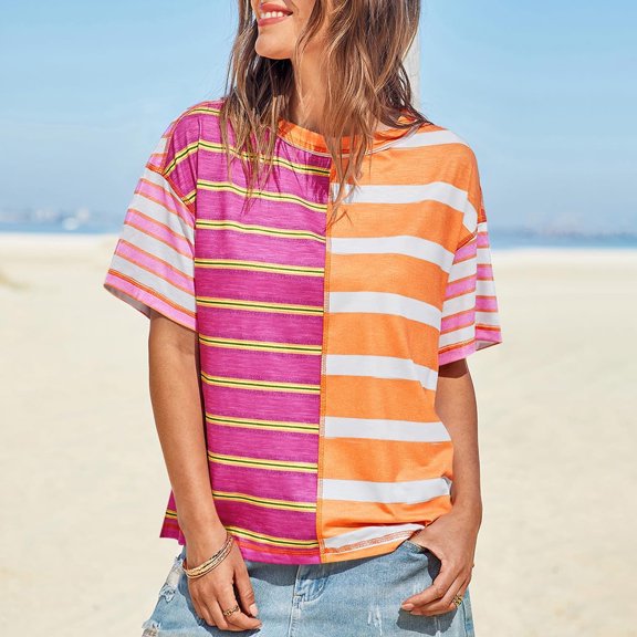 Babysbule Women's Summer Striped Shirt Casual Color Blocked Short Sleeve Top Loose Round Neck T-Shirt Lightweight Fashion Blouse