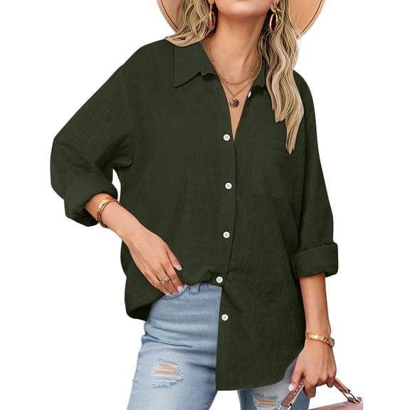Babysbule Women's V-Neck Long Sleeve Blouse, Loose Fit Button Shirt, Lightweight Tunic Top with Pocket for Office, Daily Wear