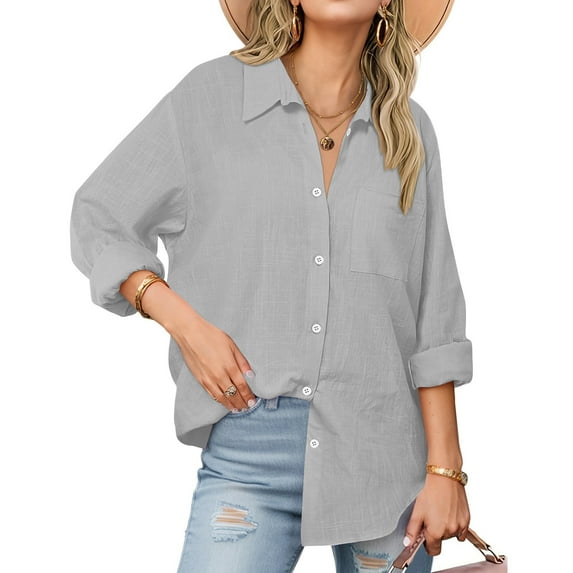 Babysbule Women's V-Neck Long Sleeve Blouse, Loose Fit Button Shirt, Lightweight Tunic Top with Pocket for Office, Daily Wear
