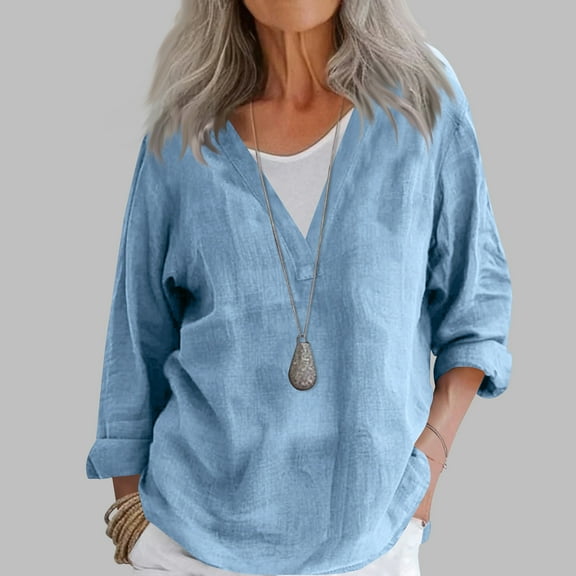 Babysbule Women's V-Neck Long Sleeve Cotton Linen Top, Lightweight Soft Spring Summer Blouse, Stylish Loose Fit Shirt for Daily Wear