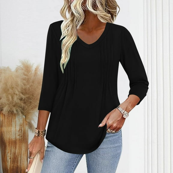 Baysbule Women's V-Neck Pleated Casual T-Shirt Lightweight Soft Polyester Top for Daily Wear