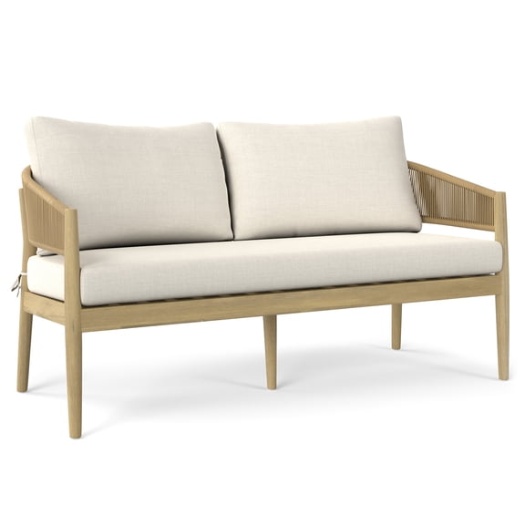 Bayshore Outdoor 2-Seat Sofa in Natural White Fabric: Solid Acacia Wood & Rust-Resistant Aluminum Frame, Hand-Wrapped Cording, Water/Weather Resistant Cushions, Balcony/Porch Ready