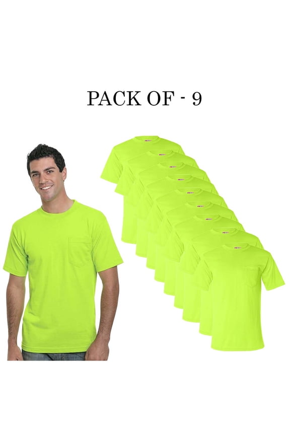- High Visibility Safety Green T-Shirt for Men | 50/50 Cotton/Polyester Pocket Shirt, Classic fit 5.4 oz Pack of 9, Size M