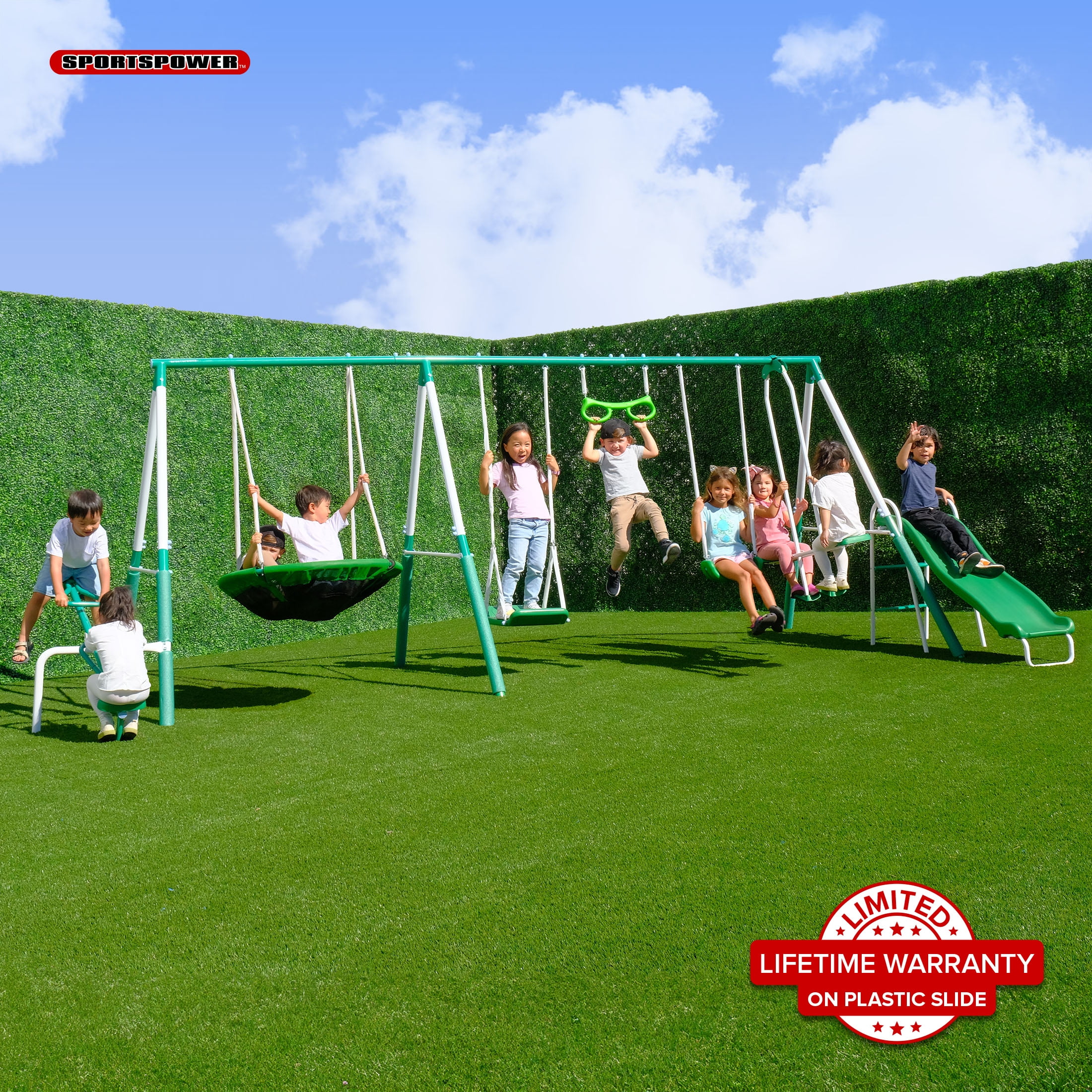 Sportspower Bayside Metal Swing Set with Teeter-Totter, Saucer Swing, Standing Swing, Trapze, Blow-Molded Swing, Glide Ride, and 5' Slide Sportspower Bayside Metal Swing Set with Teeter-Totter, Saucer Swing, Standing Swing, Trapze, Blow-Molded Swing, Glide Ride, and 5' Slide