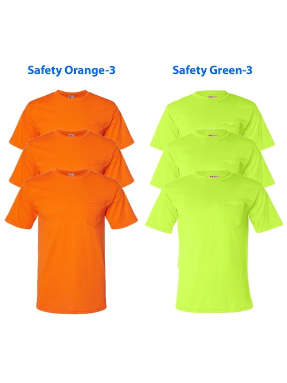 High Visibility Safety T-Shirt for Men, Hi Vis Short Sleeve Pocket Shirt, 50/50 50/50 Cotton/polyester, Green and Orange, Pack 6, 4XL