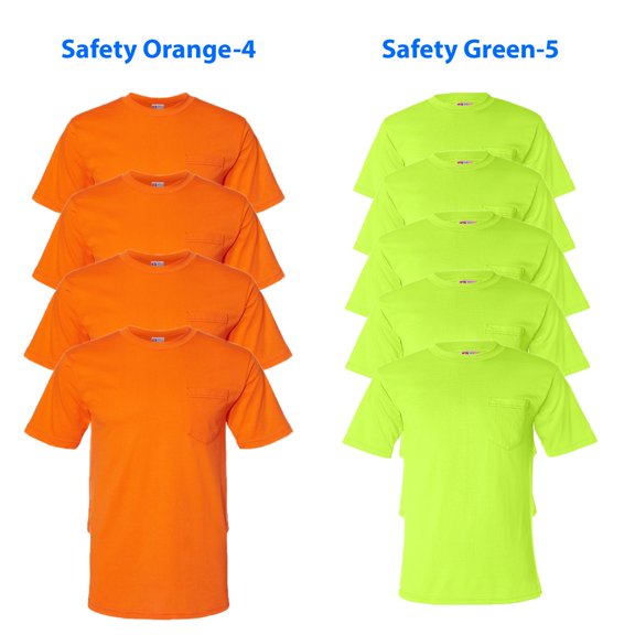 Bayside - USA-Made 50/50 Pocket Safety T-Shirt for Men | Hi-Vis High Visibility T-Shirt | Safety Green / Safety Orange | Pack of 9 - Size 2XL