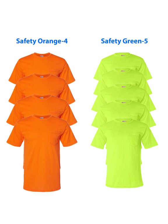 - USA-Made 50/50 Pocket Safety T-Shirt for Men | Hi-Vis High Visibility T-Shirt | Safety Green / Safety Orange | Pack of 9 - Size M