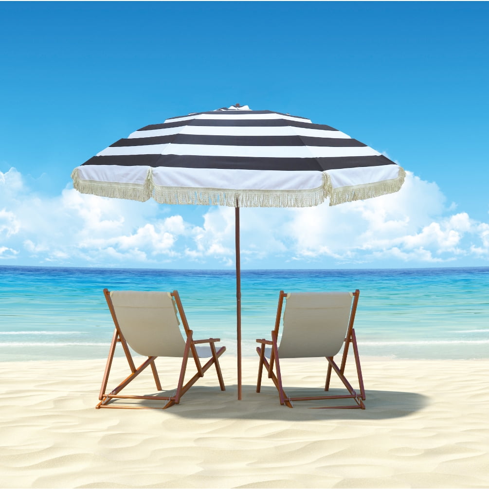 Bayside21 8 Feet Fringe Outdoor Patio Umbrella with Tilt, Boho Umbrella with Fringe,Tassel Umbrellas UPF 50+ Sun Protection UPF50+,Black White Stripe (Black Wide Stripe)