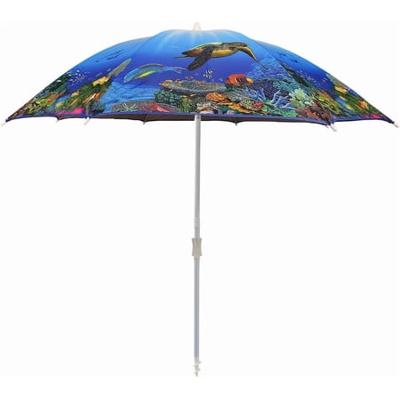 Bayside21 Beach Umbrella with Sand Anchor & Carry Bag, 6.5 Foot Patio Outdoor Umbrella with Adjustable Height Pole, Push Button Tilt, Ideal for Travel Garden Lawn, UPF 50+ (coral reef)
