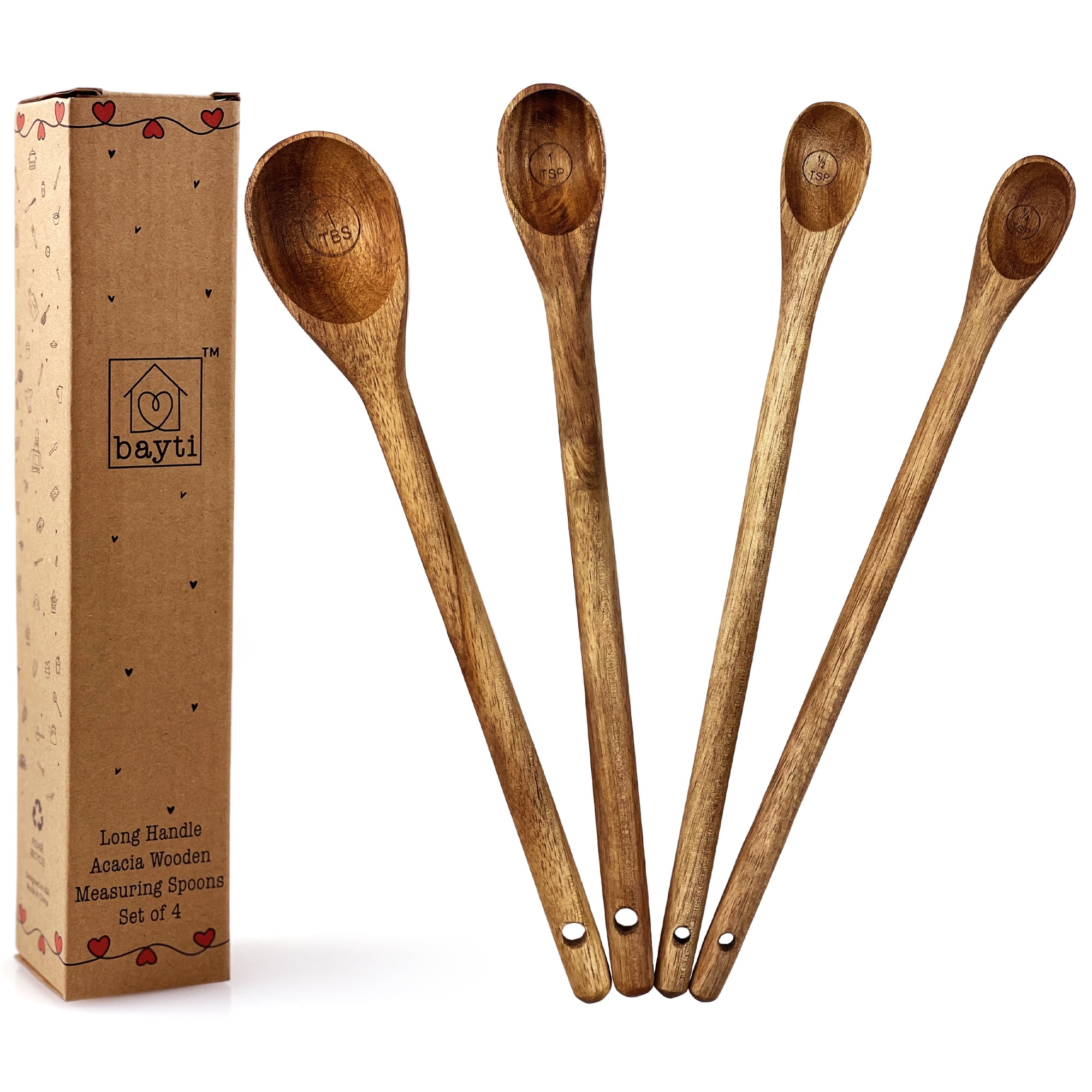 Bayti Long Handle Acacia Wooden Measuring Spoons, 100% Natural Food Grade  Acacia Wood set of 4 spoons 
