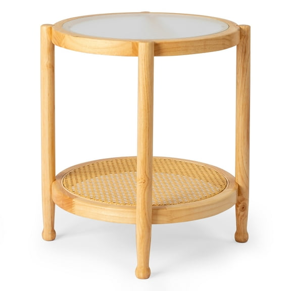 BaytoCare 19.7in Round Wicker End Table - Double-Layer Teak Wood with Glass Top (Small)