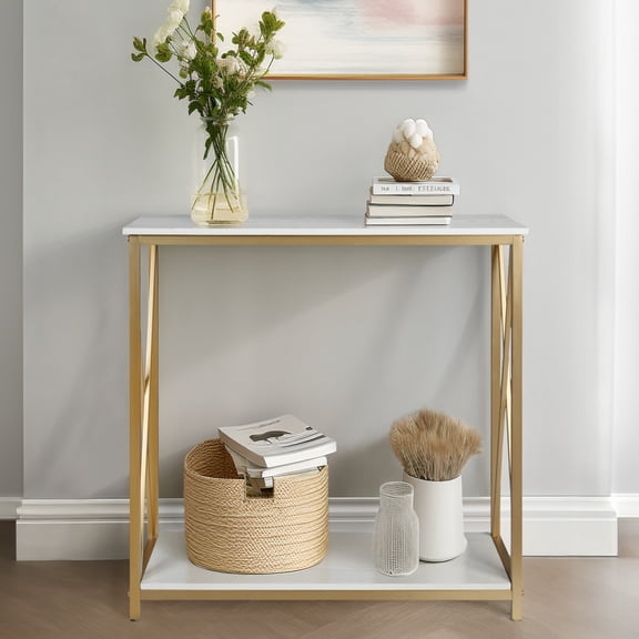 BaytoCare 2-Tier Console Table with Low Storage Shelf, Sofa Side Tables, Entryway Table TV Stand for Hallway Living Room Bedroom, Gold Finish