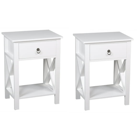 BaytoCare 2PCs Nightstand X-type Wood Bedside Table with Two-layer Drawer Side Table for Bedroom, White