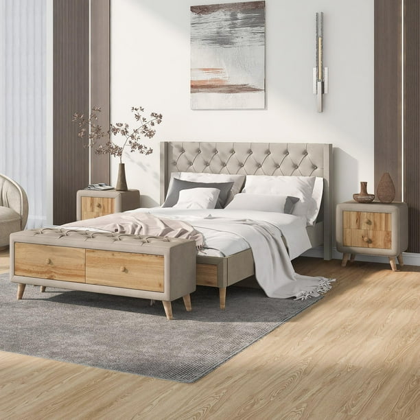 BaytoCare 4 Pieces Bedroom Sets Queen Size Upholstered Platform Bed with Two Nightstands and Storage Bench Beige Walmart Business Supplies