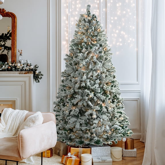 BaytoCare 6 ft Christmas Tree, Pre-lit Artificial Hinged Flocked Tree with 800 Tips, 300 LED Lights, Snow Tips